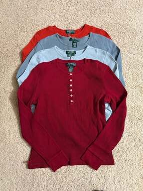 Lot of 4 Lauren Ralph Lauren Petite S Ribbed Henley Long Sleeve Tops